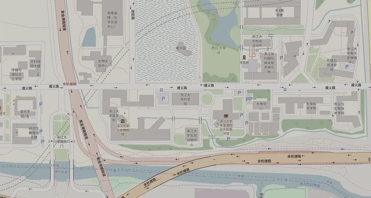 Map of Zijingang Campus, Zhejiang University, marking the Pharmacy Building