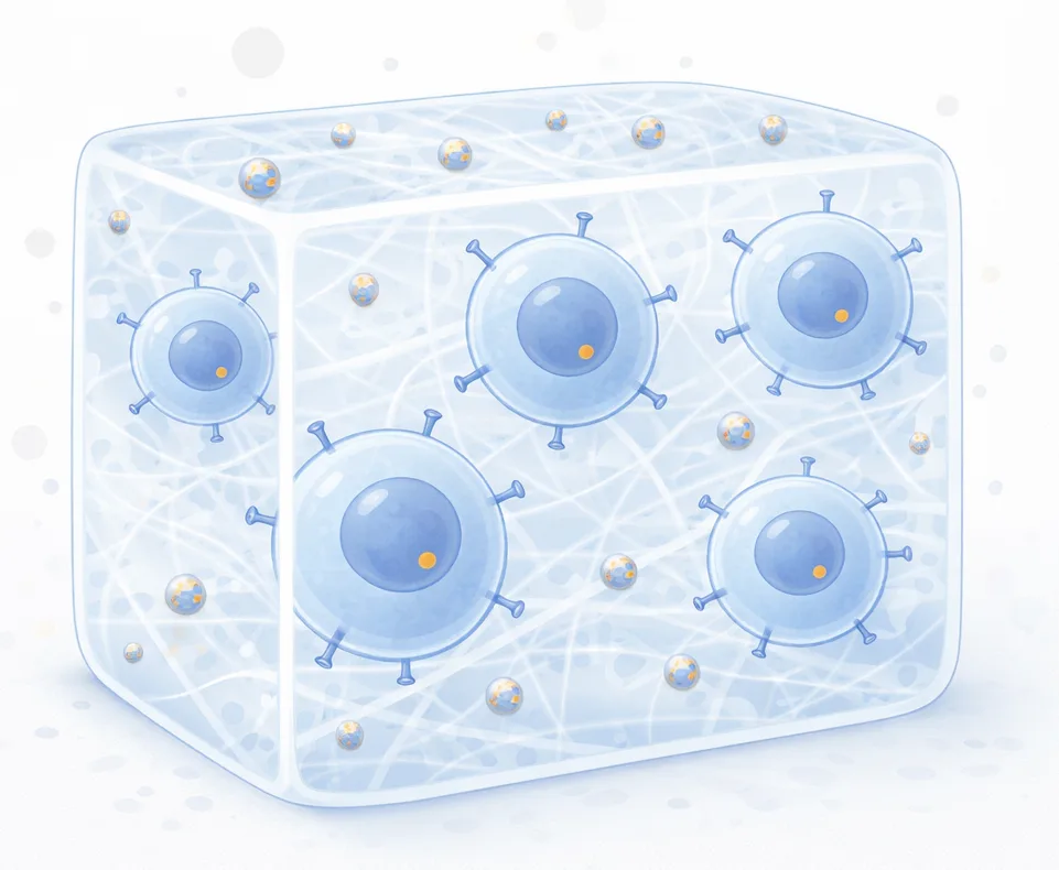 Illustration for biomaterial support of engineered cell systems.